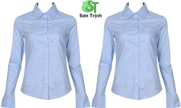 Đồng phục công sở áo sơ mi nữ tay dài màu xanh cổ đứng  May đồng phục Việt
