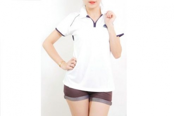 Đồng phục áo thun thể thao nữ tay ngắn cổ trụ màu trắng viền nâu