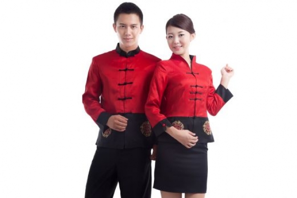 Đồng phục nhân viên nhà hàng kiểu trung quốc phối màu đỏ đen
